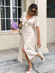 SHEIN Frenchy Women's Solid Color Elegant Romantic Front Neck Bow Midi Dress, Simple & Fashionable, Suitable For Summer,Women Dresses Vacation,Elegant Gown,Spring/Summer,Front Button Placket Dress,Non-Stretch Crepe Textured Fabric,Elegant And Fashionable For Commuting,Modest Dresses For Women,Wedding Guest Dress Women,Bridal Shower Dress White,Graduation Dress,Tea Party Dress