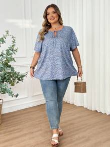 SHEIN CURVE+ 大码女式全版印花系带蝴蝶袖衬衫波西米亚风度假