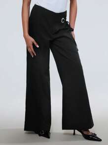TRNVIE Nouveaux pantalons droits décontractés pour femmes de mode d'été, avec décoration métallique asymétrique, sangle de "vieux billets" et ourlet évasé micro-flare