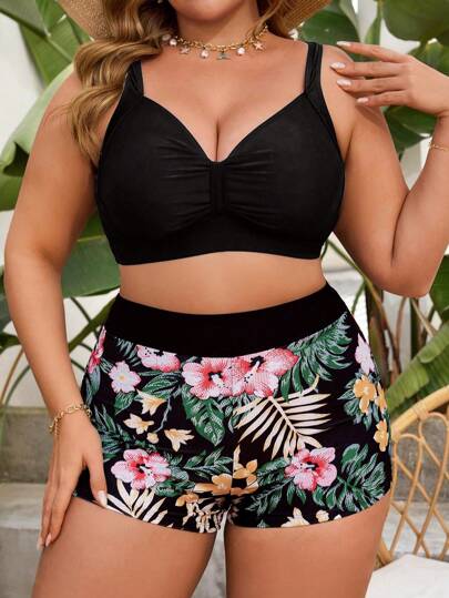 Swim Lushoire Plus Size 2pcs Spaghetti Strap V-Neck Push Up Drawstring Solid Color Tankini Swimwear Set With Shorts, Suitable For Pool, Beach, Holiday For Summer Beach Vacation