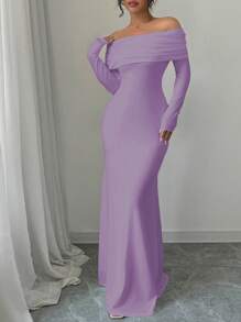 Rafferiza 性感优雅修身长袖收腰双层露肩露背扭纹鱼尾下摆罗纹针织连衣裙，白色，秋冬超长女装 - 淡紫色 - 查看 5