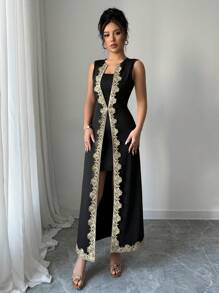 Rafferiza Elegant Waist-Cinched Fitted Sleeveless 2 In 1 Lace-Trim Black Long Dress, Suitable For Spring & Summer - Black - View 5