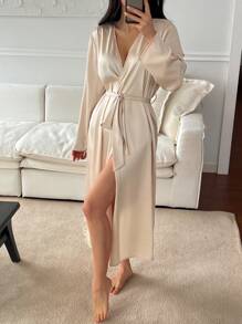 DAZY Solid Color Satin Waist Cinched Waist Mid-Length Robe For Women, Fall Pajama, Cozy Outfit