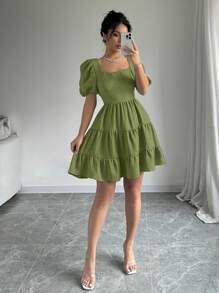 Rafferiza Damen Kleid mit Puffärmeln, rückenfreiem Rüschendetail und Schleife, romantisch elegant für Abschluss, Konzert, olivgrünes Strandkleid im Boho-Stil, Sommerkleid 2025 neu, kurzes Kleid