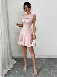 Elenzga 无袖蝴蝶结收腰优雅法式百搭连衣裙，粉色