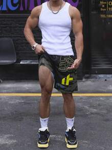 Manfinity Sport Corelite Boyfriend Style Men Camo Print Drawstring Waist Sports Shorts Gym Shorts Jogger Shorts Sweat Pants Black Shorts - Black - View 5