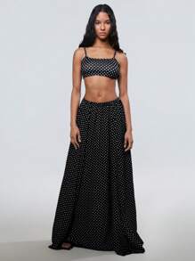 Flirla Set de 2 piezas con camiseta de tirantescortay falda larga de línea A con estampado de lunares de estilo de resort de primavera/verano