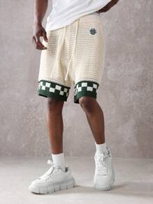 SUMWON 奢华针织抽绳运动短裤优质棋盘格图案装饰休闲运动沙滩夏春轻盈透气运动跑步篮球家居服 - 杏色 - 查看 1