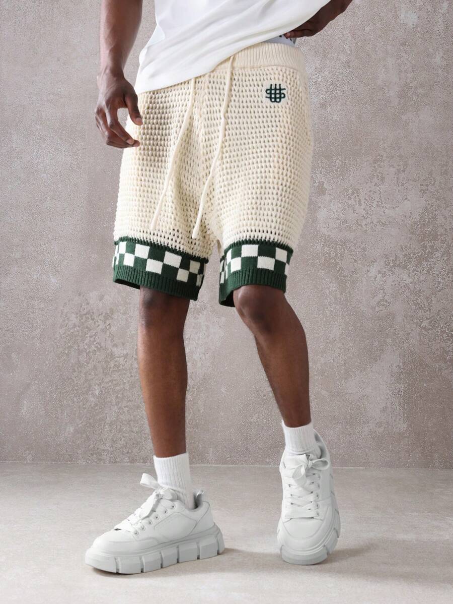 SUMWON 奢华针织抽绳运动短裤优质棋盘格图案装饰休闲运动沙滩夏春轻盈透气运动跑步篮球家居服 - 杏色 - 查看 1