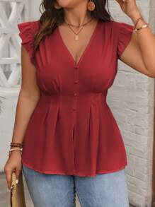 SHEIN Clasi Plus Size Women Summer Solid Color V-Neck Cap Sleeve Pleated Blouse Peplum Top - Red - View 1