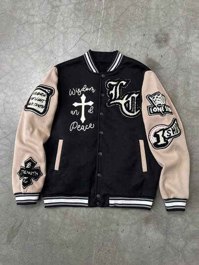 PAVTROS Manfinity Streetrush Men's Letter & Cross Print Long Sleeve Single Breasted Thermal Lined Baseball Jacket, For Fall Winter