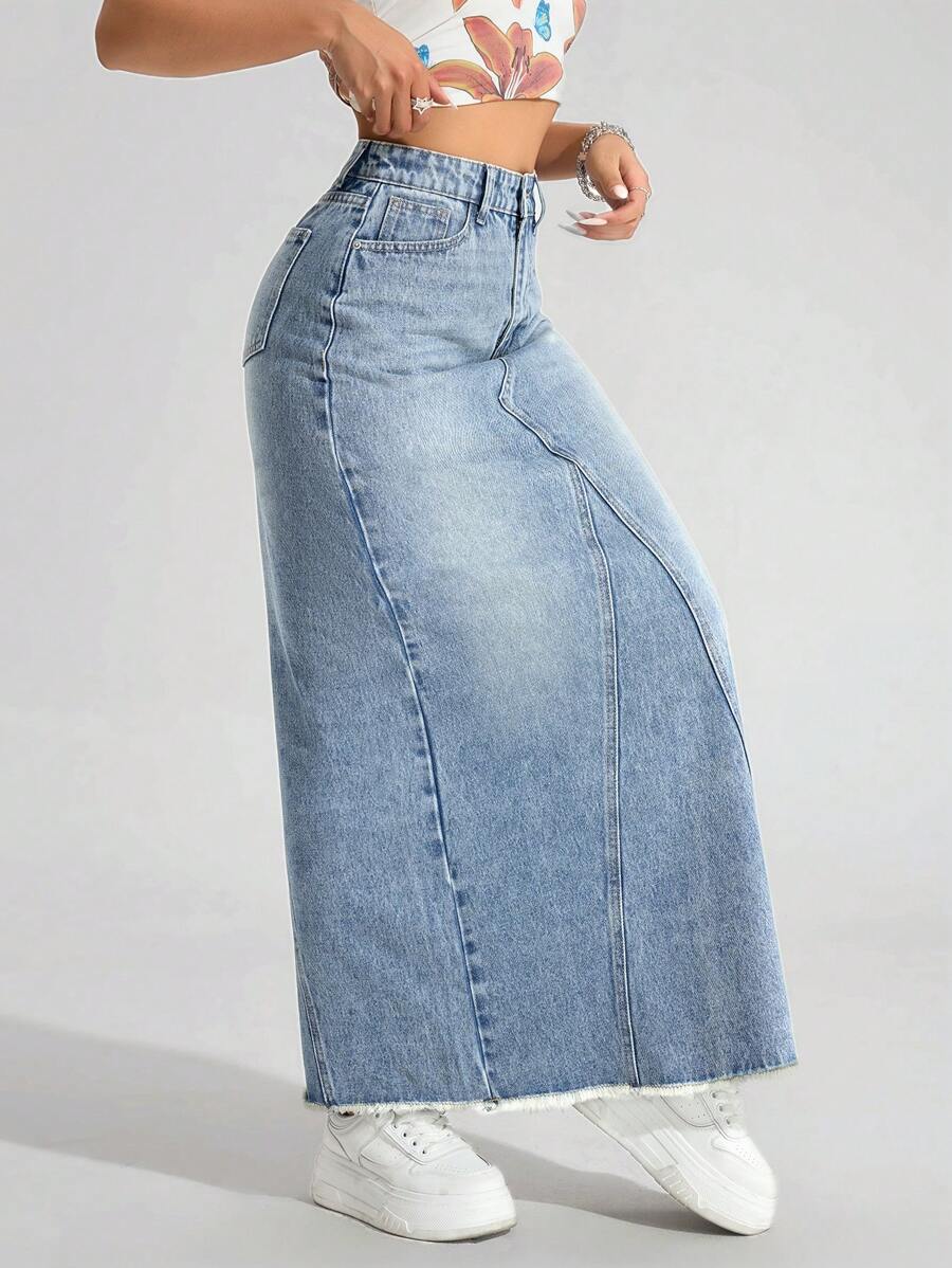 Jeanoix Women High Waist Pocket Design Long Casual Versatile Denim Skirt Y2k - Light Wash - View 1