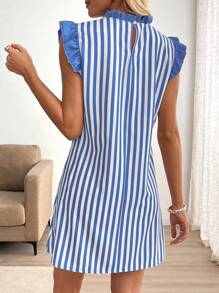 Chiquease Women's Vacation Style Cap Sleeve Striped Patchwork A-Line Dress - Blue and White - View 2