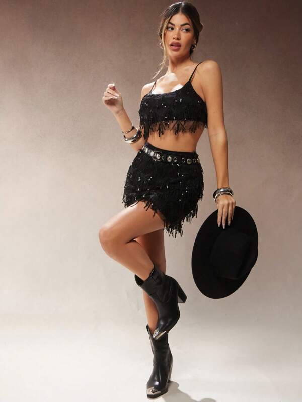 Hauture Sequin Fringe High Waist Mini Skirt Festival Outfit, Cowgirl Outfits For Women, Club Outfits Women Sexy, Concert Outfit Women, Festival Outfits For Women, Country Concert Outfits, Nashville Outfits, Coachella Outfits Sequin