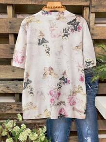 EMERY ROSE New Fresh Retro Artistic Dye Print Round Neck Lightweight Viscose Women Pullover Sweater, Spring/Summer - White - View 2