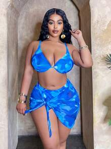 Slaydiva Plus Size Women 3 Pcs Set: Spaghetti Strap Top, Triangle Panty & Net Wrap Skirt, Printed Bikini Swimwear Set For Vacation For Summer - Multicolor - View 4