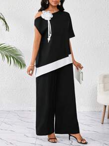 SHEIN Lady Conjunto de dos piezas para mujer con diseño asimétrico con hombros cortados y estampado floral tridimensional elegante en blanco y negro, apto para bodas, cumpleaños, vacaciones y eventos de verano