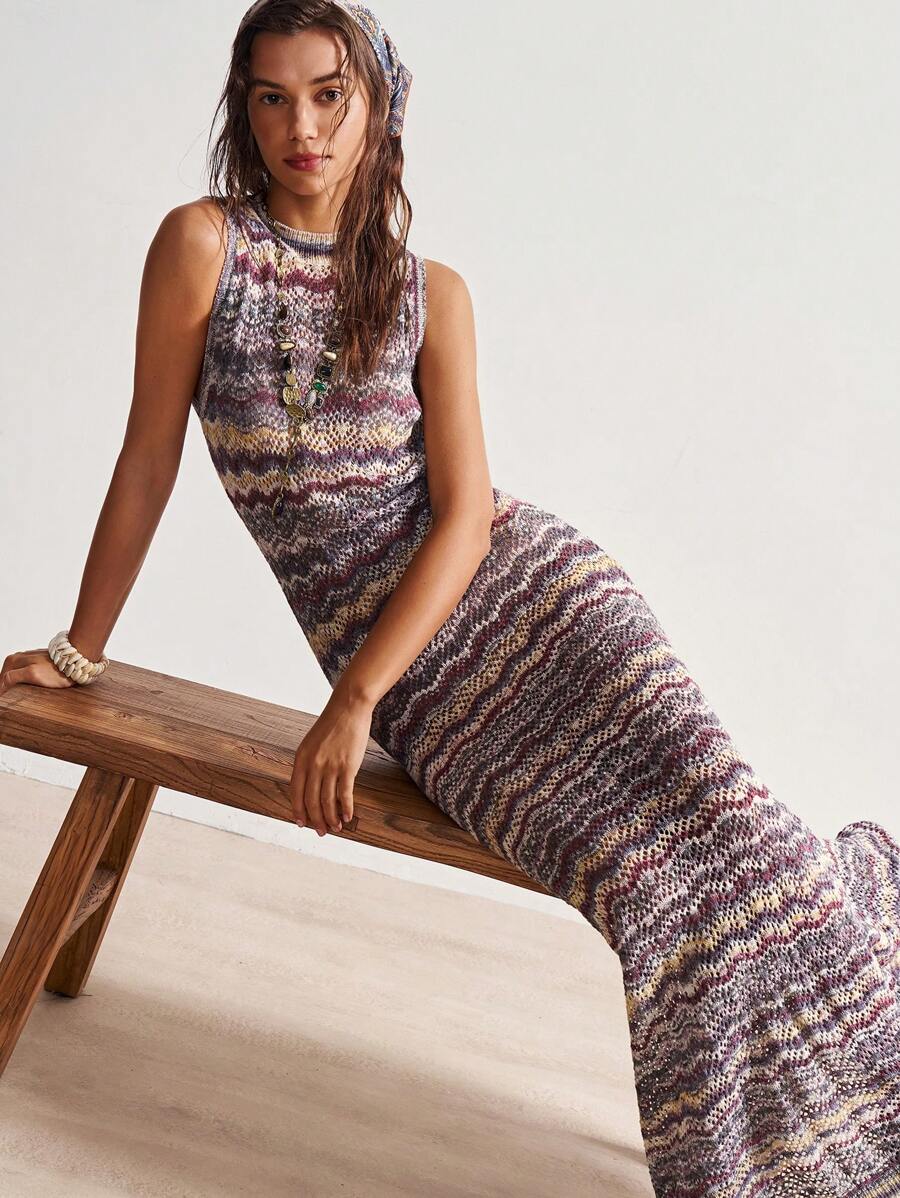 Bohemela Bohemian Style Sleeveless Knit Midi Dress For Summer Beach Vacation & Music Festival - Multicolor - View 1