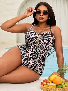 SHEIN Swim Curve Plus Size One-Piece Leopard Print Swimsuit, Minimalist & Fashionable, Suitable For Summer - Multicolor - View 6