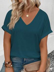 INAWLY Women's Casual V-Neck Rolled Cuffs Short Sleeve All-Match Versatile Plus Size T-Shirt, Spring/Summer