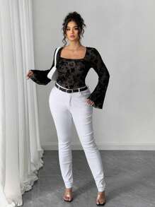 Elenzga Plus Size Square Neck Long Sleeve Fitted Flocked Mesh Floral Print T-Shirt