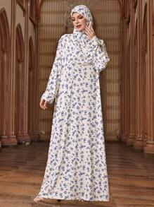 Al Najma 女士碎花宽松长袖伊斯兰长袍祈祷服带头巾，端庄 - 彩色 - 查看 6