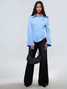 TRNVIE Women Embroidery Decor Waist-Cinched Bell Sleeve Shirt Fall Cloth For Women - Blue - View 3