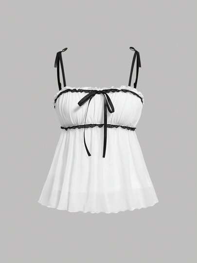 SHEIN Girlism Teengirl 夏季白色蕾丝拼布蝴蝶结装饰荷叶边下摆吊带背心上衣