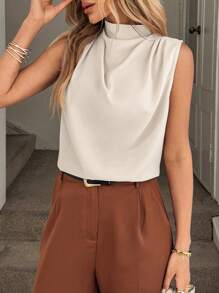 Easowa 女士高领百搭休闲肩部褶饰简约无袖衬衫，复古风 - 米色 - 查看 5