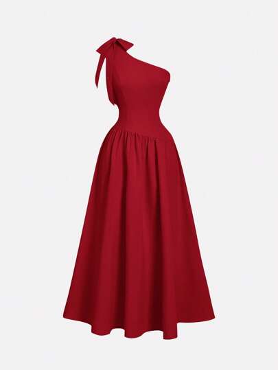 SHEIN MOD Vestido largo con lazo en el hombro asimétrico, color rojo, apto para vacaciones, uso casual y temporada de bodas