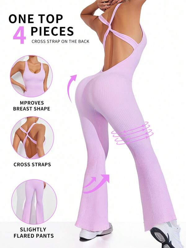 SHEIN Sport Studio Pantalones de yoga con diseño cruzado en la espalda y corte acampanado, de color liso, para uso diario y entrenamiento