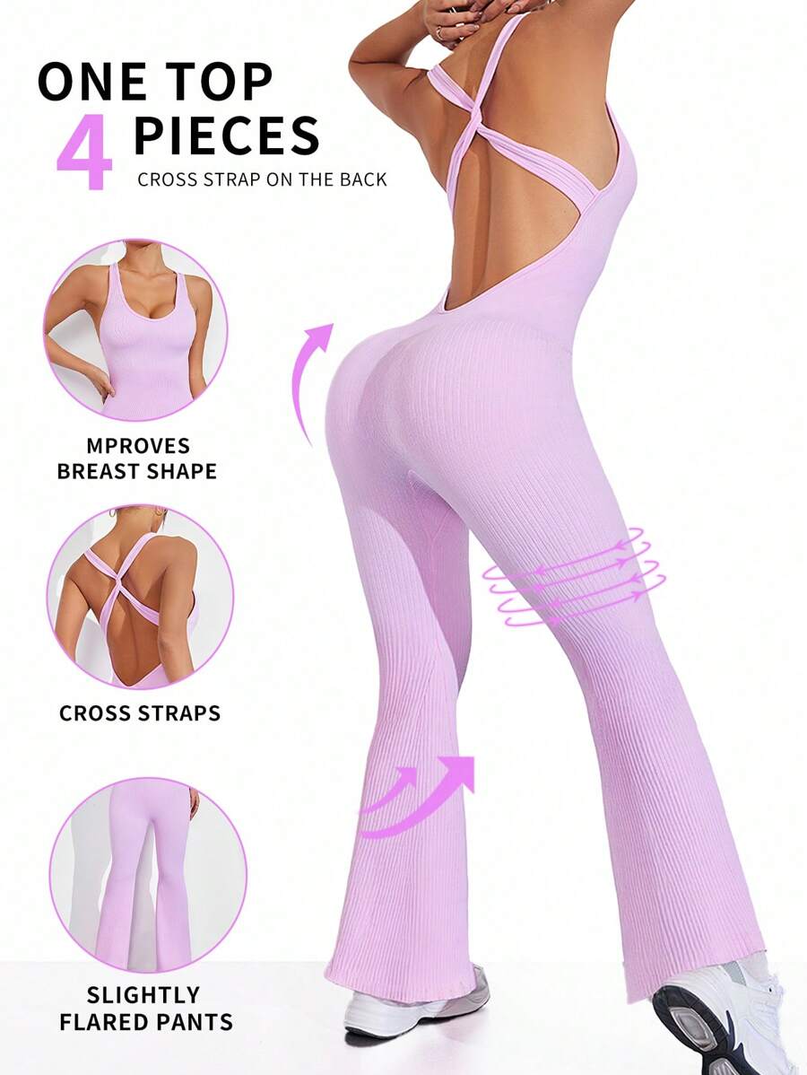Easithlete Women's Solid Color Cross Back Design Flare Sports Yoga Pants For Daily Workout - Pink - View 1