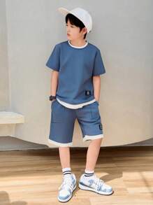 SHEIN Tween Boy Letter Patched Detail 2 In 1 Tee & Shorts