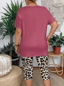 Áo thun tay ngắn cổ tròn in hình kính mát mùa hè và quần legging 2 món trang phục cỡ lớn cho nữ, thường ngày - Màu Hồng Tươi - Xem 2