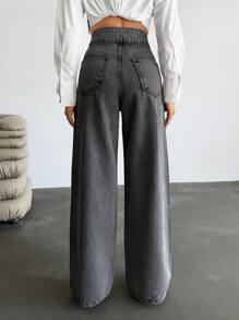 EURMUSE HIGH WAIST  Grey Acid Wash Belt Detail Wide Leg Jeans - Medium Wash - View 2