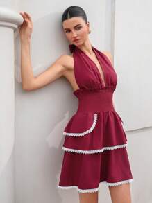BELROSIE Italian Elegant Birthday Party Dress,White And Burgundy Summer Mini Dress Women,Halter Neckline Waist Cinched Layered Ruffle Hem Lace Trim - Burgundy - View 3