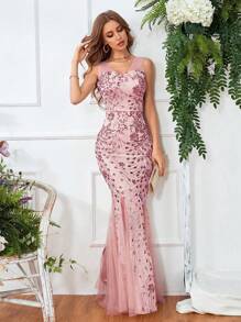 SHEIN Belle 开叉大腿撞色亮片网眼舞会礼服，优雅正式晚礼服，适合婚礼嘉宾、毕业典礼、节日晚宴派对服装 - 粉色 - 查看 1