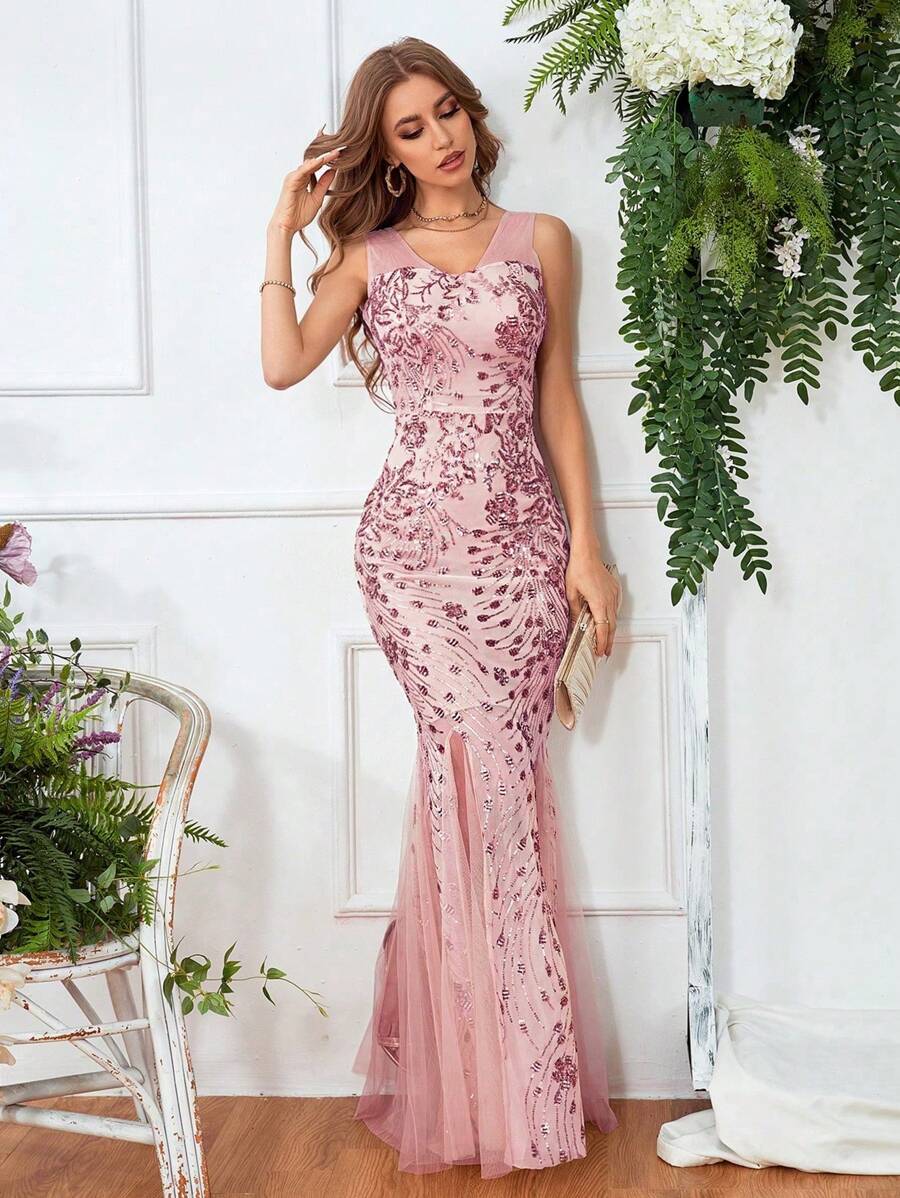SHEIN Belle 开叉大腿撞色亮片网眼舞会礼服，优雅正式晚礼服，适合婚礼嘉宾、毕业典礼、节日晚宴派对服装 - 粉色 - 查看 1