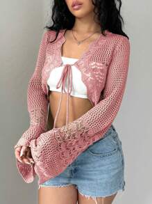 Flirla Cardigan Pendek Wanita Warna Polos dengan Lubang dan Tali di Bagian Depan, Cocok untuk Liburan Musim Gugur dan Musim Dingin. - Berwarna merah muda - View 4