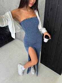 SHEIN ICON 女士紧身牛仔露肩中长连衣裙，蓝色高弹力高开叉牛仔布 - 中等水洗藍 - 查看 3