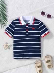 男童条纹恐龙刺绣 Polo 领短袖 T 恤，夏季 - 黑色 - 查看 1