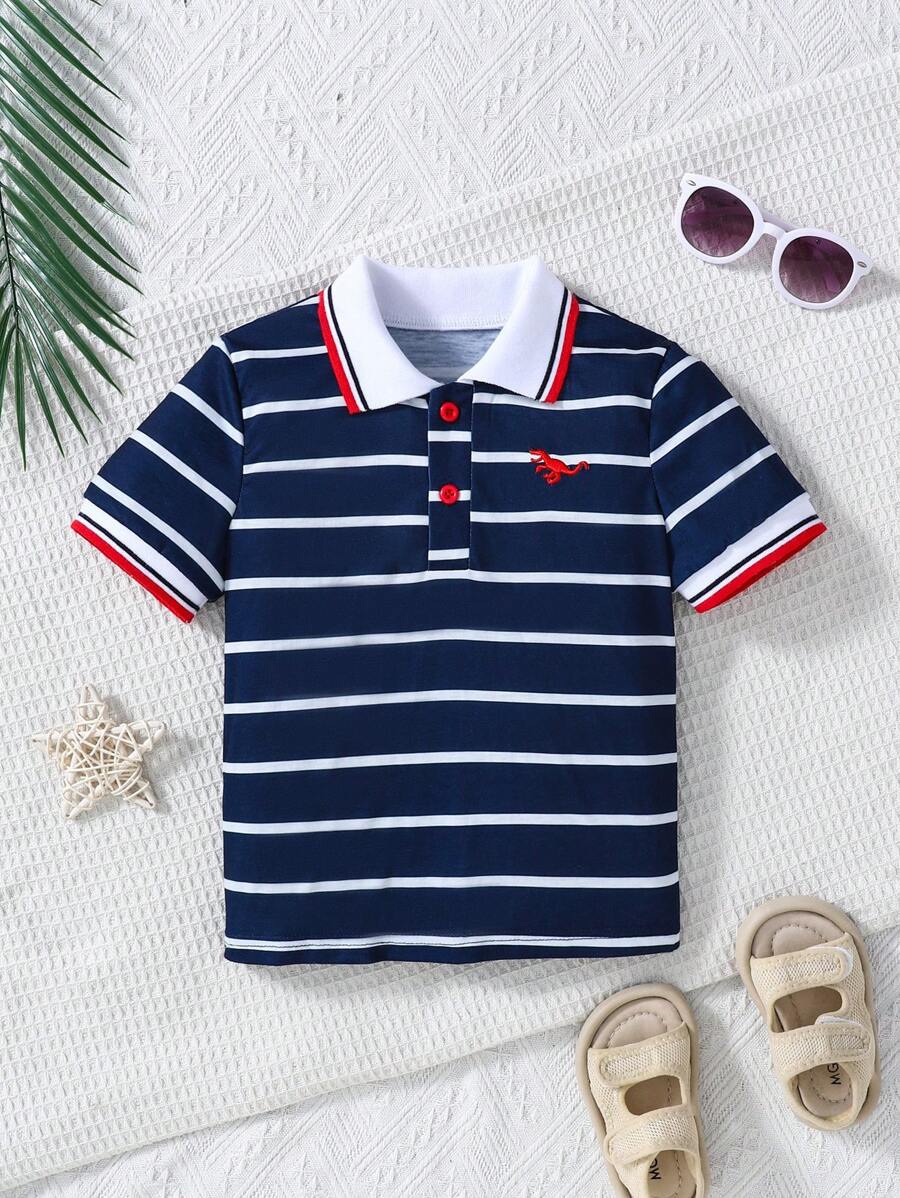 男童条纹恐龙刺绣 Polo 领短袖 T 恤，夏季 - 黑色 - 查看 1