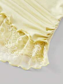 SHEIN MOD 针织蕾丝拼布不对称下摆可折叠高领蕾丝花边系带领收腰女式 T 恤 - 綠色 - 查看 3