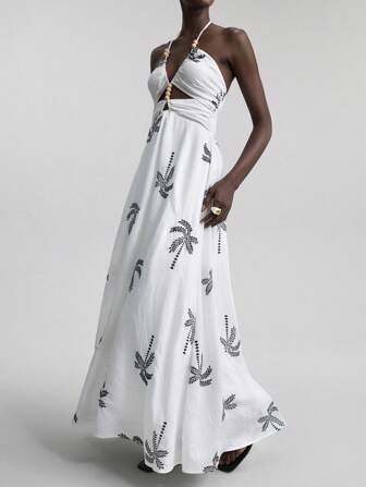 Ontre 2025 年新款女式无袖连衣裙，舒适休闲风格，褶皱刺绣面料，喇叭形下摆，适合所有季节，休闲、海滩、波西米亚风、夏季，适合音乐节，西部风情，优质柔软面料