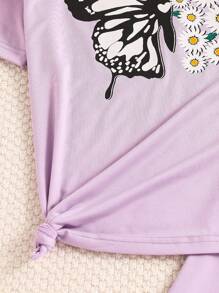 2 件套女孩蝴蝶印花圆领短袖上衣和松紧腰休闲运动裤，夏季轻便服装 - 紫色 - 查看 8