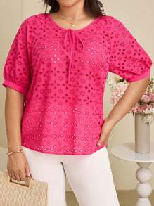 EMERY ROSE Blusa de manga corta abullonada con bordado floral y lazo delantero para mujer de tallas grandes - Rosa Fucsia - Ver 7