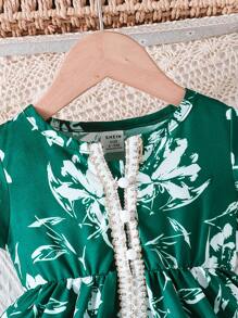 Baby Girl Summer Short Sleeve Ruffle Buttoned Placket Print Casual Dress, Comfortable For Outdoor & Holiday - Green - View 3