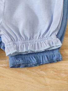 2pcs/Set Infant Baby Girls' Simple Solid Blue Color Lantern Shorts Set, Comfortable Casual Outfit Suitable For Home, Vacation Or Daily Wear, Spring/Summer New Arrival, Buy 1 Get 1 Free, Great Value