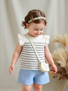 Baby Girl Striped Crew Neck Cap Sleeve Top And Shorts Casual Set - Blue and White - View 1