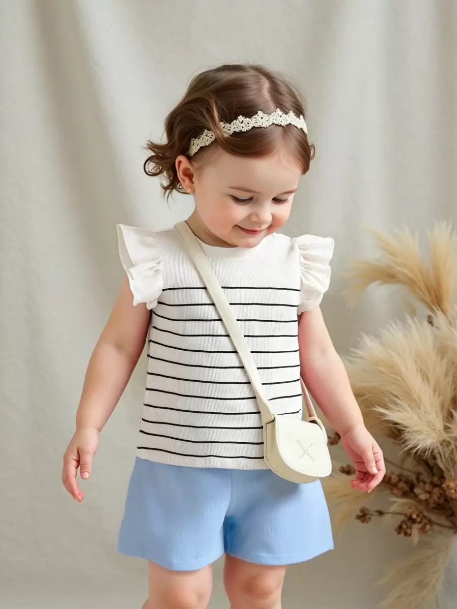 Baby Girl Striped Crew Neck Cap Sleeve Top And Shorts Casual Set - Blue and White - View 1